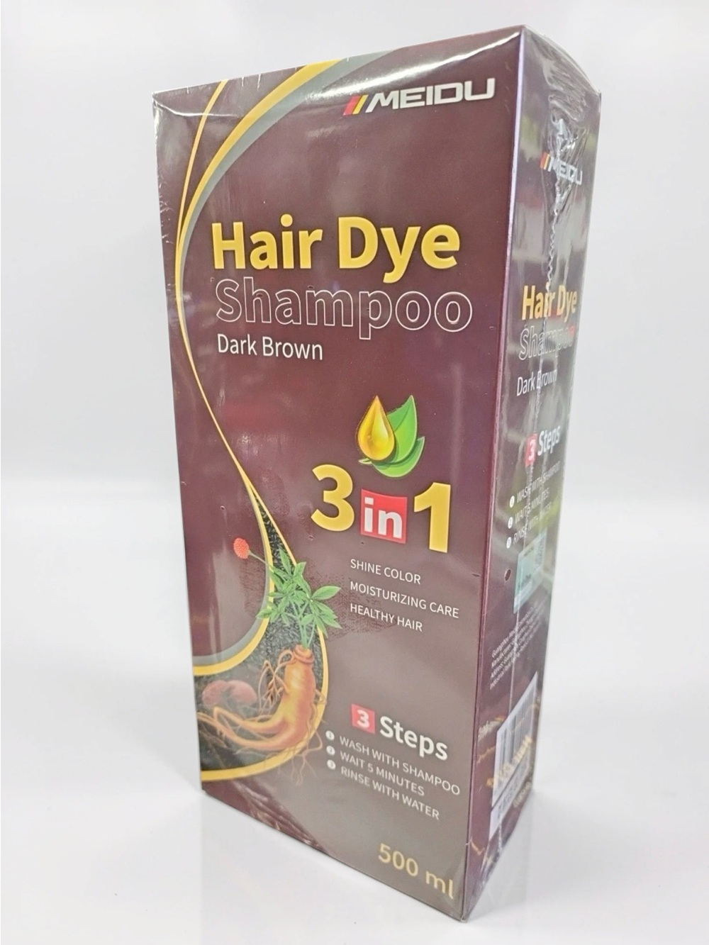 Meidu 3 in 1 Hair Dye Shampoo 500ml Dark Brown Herbal Instant Hair Color NIB⁠